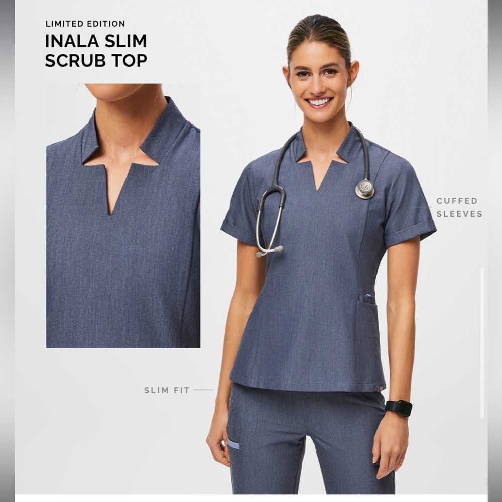 Wear Figs Inala Slim Scrub Top in Heather Denim. limited edition